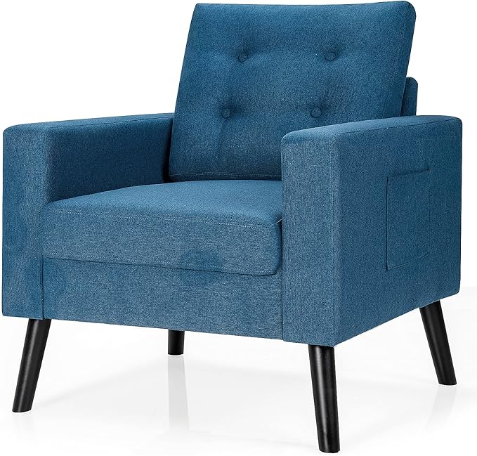 Giantex Set of 2 Modern Accent Chair Upholstered Living Room Chair Button Tufted Single Sofa Couch Bedroom Reading Guest Room Patented Linen Fabric Armchairs with Side Pockets and Wood Legs Blue