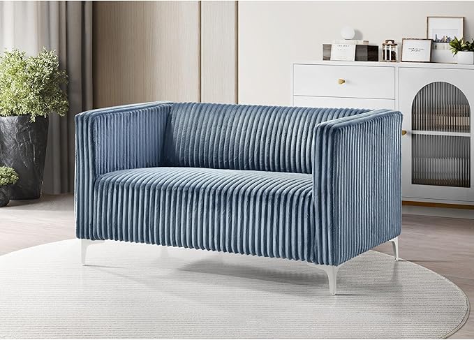 HOME DESIGN Gavin Velvet Square Arm Loveseat with Plush Cushions and Modern Upholstery Durable Frame Blue