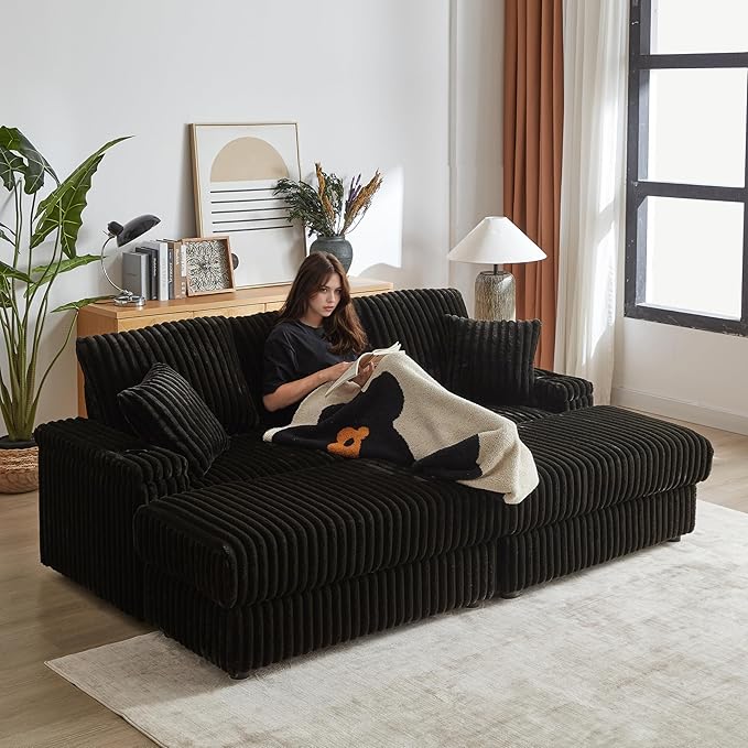 84Inch Corduroy 3-Seater Sofa with 3 Back Pillows2 toss Pillows a Ottoman2storage Spaces and Cup-Holding Grooves Comfy Sofa- Deep Seat Couch for Living RoomBlack