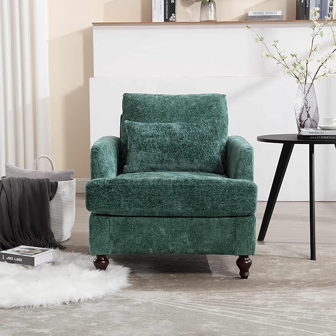 Wood Frame Armchair Modern Accent Chair Lounge Chair for Living RoomTufted Club Chair Mid Century Modern Arm Chairs with Studded Solid Wood Frame for Bedroom Reading (Emerald Chenille)