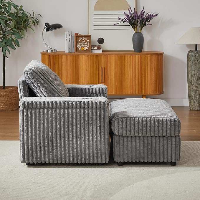42.5 W Chaise Lounge Chair Indoor Oversized Corduroy Sleeper Chair with Wood Frame Upholstered Sofa Bed with Storage Ottoman &amp Armrest 2 Cupholders for Living Room Movie Room Bedroom