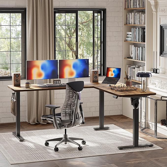 TIQLAB 75 x 61 inch L Shaped Standing Desk Adjustable Height Electric Corner Standing Desk Sit Stand Computer Table with Splice Board Rustic Brown