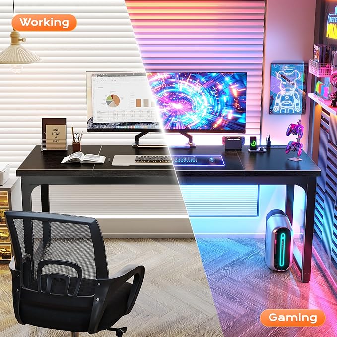 Huuger 63 x 24 inch Desk with Power Outlets &amp USB-C Deeper &amp Thicker Desktop Robust Metal Tubes Computer Desk Heavy Duty Office Desk Work Gaming Desk for Home Office Black