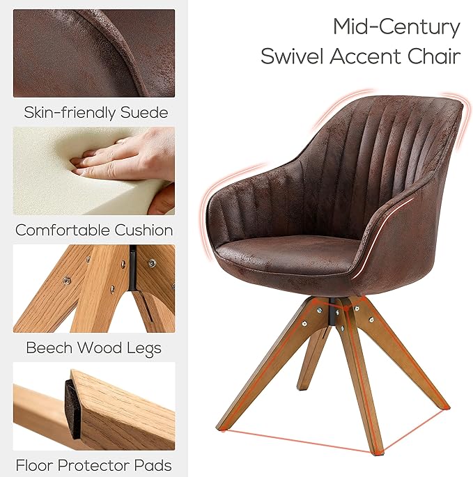 Art Leon Mid Century Modern Swivel Accent Chair with Beech Wood Legs Desk Chair No Wheels Armchair for Desk Suede