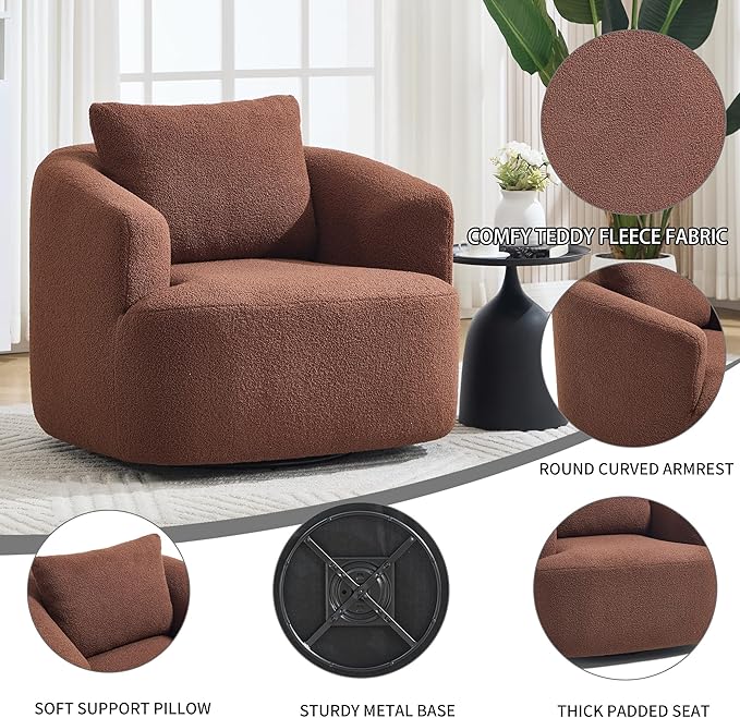 Swivel Accent Chair 360° Rotating Barrel Chair with Teddy Fleece Upholstery &amp High-Resilience Sponge Cushion Easy Assembly Single Sofa for Living Room Bedroom or Apartment (Brown)