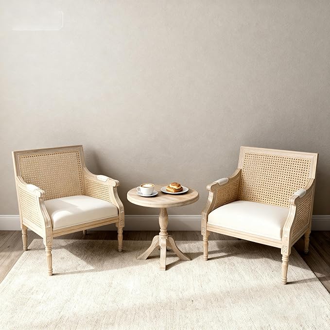 French Accent Chair(Singel) Upholstered Armchair with Vintage Rattan Hollow-Out Back and Solid Rubberwood FrameReading Chair for Living Room Bedroom Farmhouse Balcony Home Office Beige
