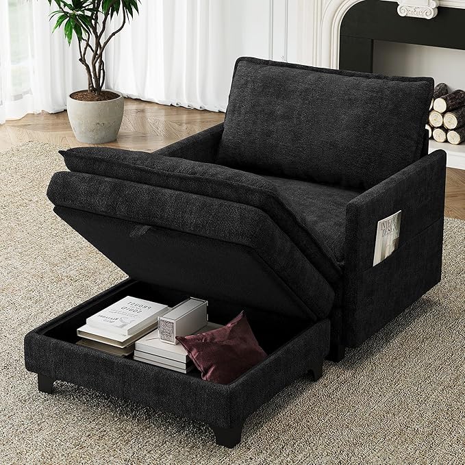 Accent Sofa Chair with Storage Ottoman Cloud Sigle Couch with Side Pocket for Living Room Bedroom and Apartment Dark Grey