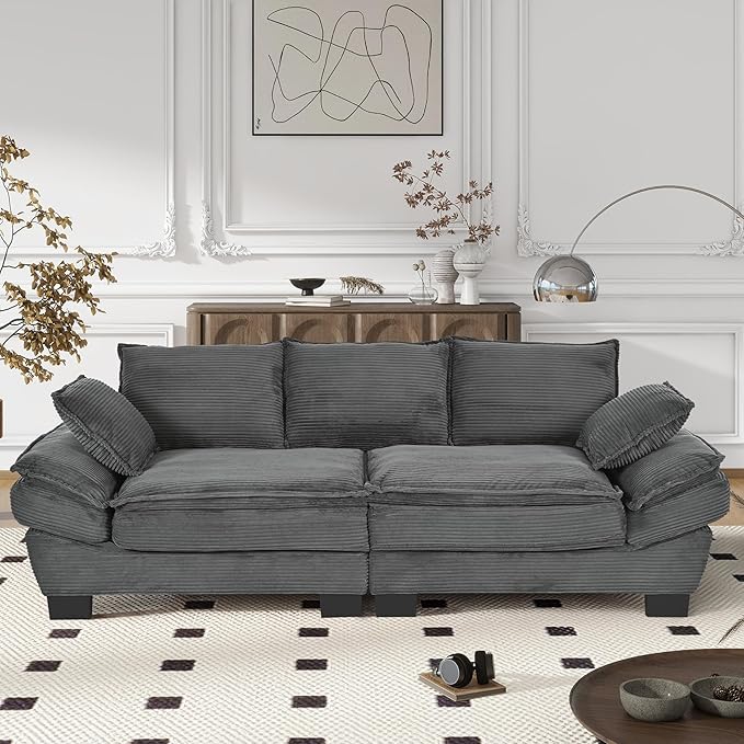 Merax 85.4 Modern Curved Corduroy Fabric Sofa Back Upholstered Couch with 2 Decorative Throw Pillows for Living Room Bedroom Apartment Gray
