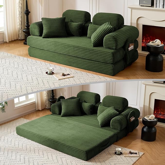 79 Sofa Bed Deep Seat 32 Sleeper Sofa 5-in-1 Convertible Sofa Bed Boneless Couch in a Box Corduroy Floor Futon with Thickened backrest and Headrest Pillows Side Pockets Dark Green