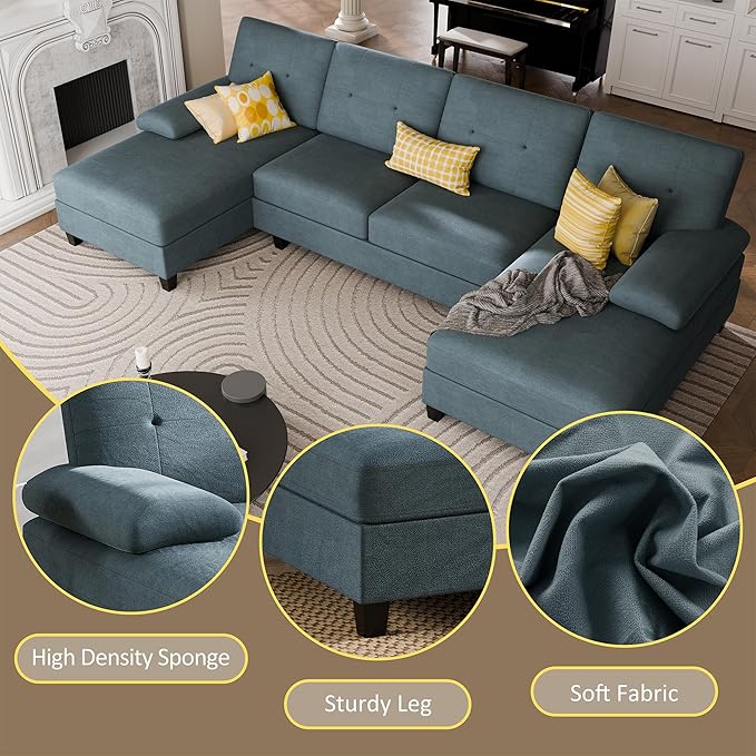 JY QAQA Sectional Couche with Soft Cushion U-Shaped Sofa with Double Chaise 4-Seat Linen Fabric Sofa Sets for Living Room Apartment Drey