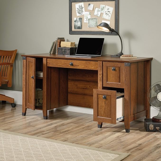 Sauder Carson Forge Rustic Vintage Computer Desk with Drawers Storage in Washington Cherry finish