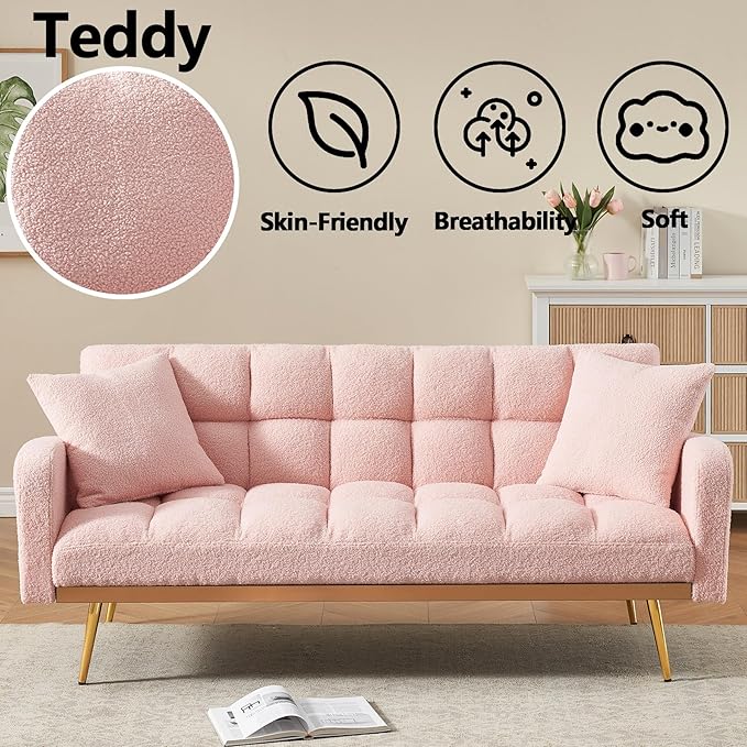 Comfy Futon Sofa Bed with 2 Pillows Pink Futon Couch Bed with Gold Legs Small Convertible Sofa Bed Couch for Living Room Modern Loveseat for Bedroom Curved Arms Plush Tufted-ShapedTeddy (Pink)