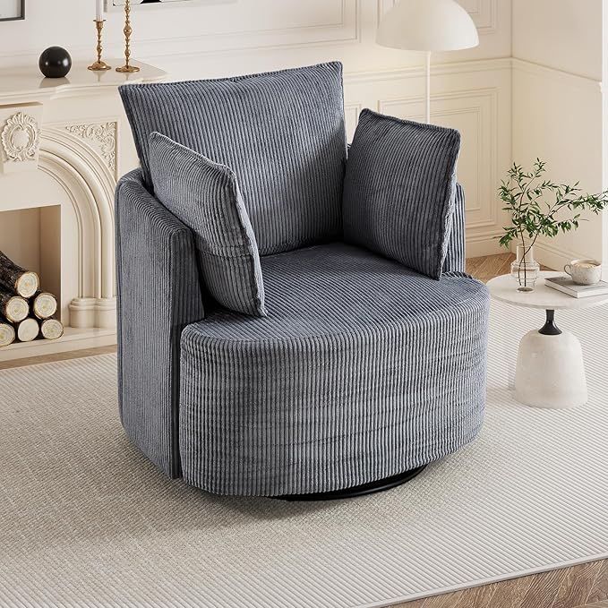 Bonzy Home 360° Swivel Accent Chair Comfy Corduroy Swivel Barrel Chair with 2 Soft Pillows Single Sofa for Living Room Bedroom Grey