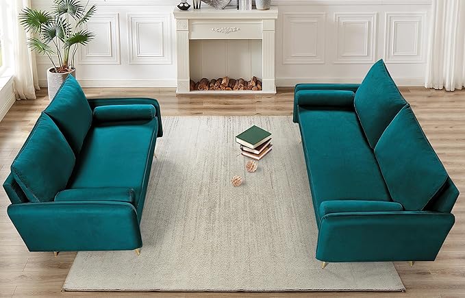 Kent Modern Loveseat European Style Velvet Living Room Furniture with Tapered Legs Vintage Flair and Sleek Design Love Seat Greenish Blue