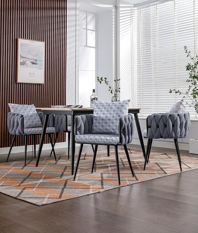 Generic Grey Modern Velvet Dining Chairs Set of 2 Hand Weaving Accent Chairs Living Room Chairs Upholstered Side Chair with Black Metal Legs for Dining Room Kitchen Vanity Living Room