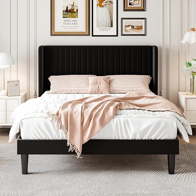 SHA CERLIN Queen Size Velvet Bed Frame with Vertical Channel Tufted Wingback Headboard Upholstered Platform Bed with Wood Slats No Box Spring Needed Easy Assembly Black
