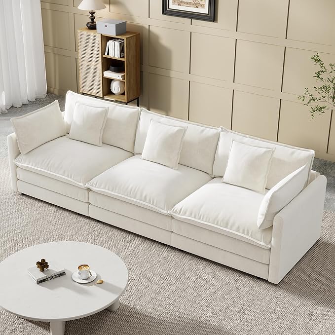 Modular Sectional Sofa 111.5 Inch I-Shaped Cloud Sofa with Deep Seat Chenille Sofa with Cushions Three-Self Sectional Sofa for Living Room ApartmentWhite