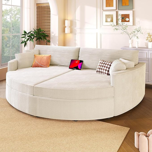 JUSTONE 102.3 Oversized Double Chaise Lounge Sofa Bed Convertible Loveseat with Deep Seat &amp USB Ports Modern Upholstered Couch for Living Room Beige