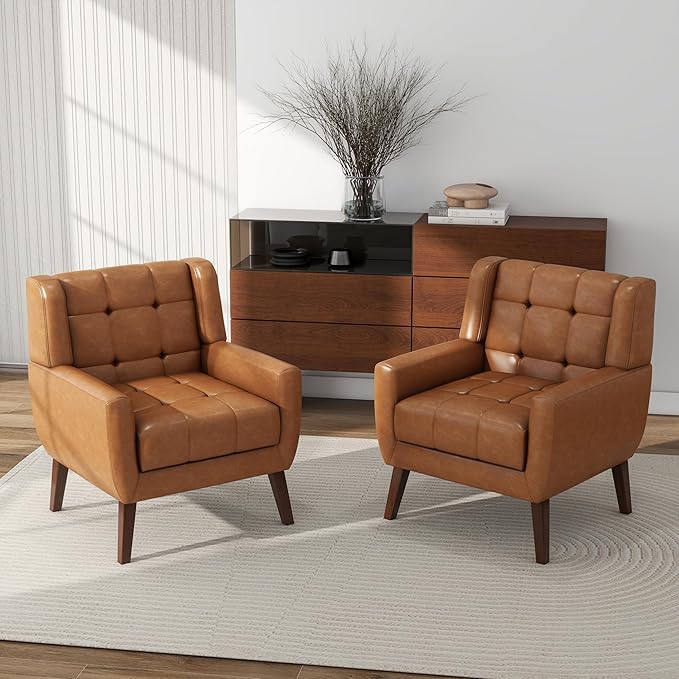 Accent Chair Comfy Mid Century Modern Small Armchairs with Solid Wood Frame and Soft Cushion for Living Room Bedroom (Faux Leather Brown Set of 1)