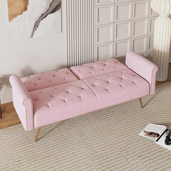 Stylish Velvet Sofa 70 Sofa Sleeper Convertible with Matching Pillows for Living RoomApartmentSmall Spaces (Pink)