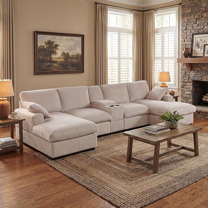 126 U Shaped Sofa Modular Sectional Sofa with Chaise Lounges Modern Couch with Storage Console USB Charging Ports &amp Cup Holders Corduoy Upholstered Deep Seat Couch for Living Room Beige | st