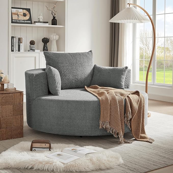 Antetek 360-Degree Swivel Accent Chair Oversized Modern Comfy Chenille Round Swivel Chaise Lounge Sofa Chair with Backrest Cushion &amp 2 Throw Pillows for Living Room Bedroom Office Gray