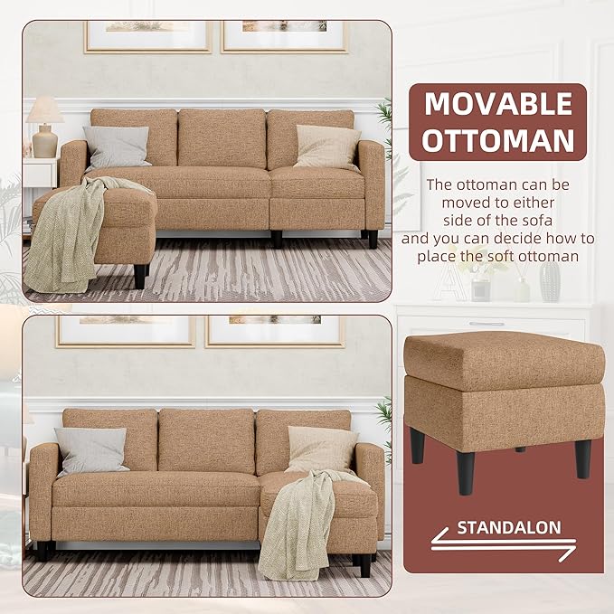 JAMFLY Sectional Couch Sofa Convertible L Shaped Sofas with Ottoman Small Sectional Sofa for Living Room 3 Seater Couch for Small Spaces Brown