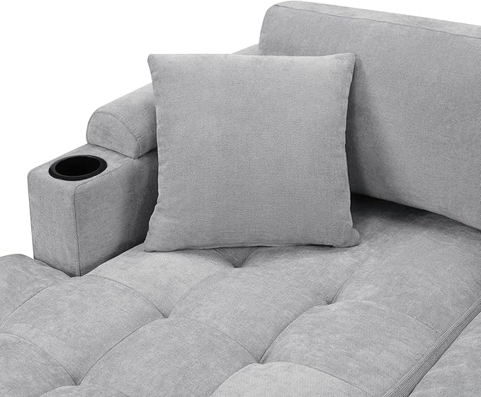Merax 115.7 U-Shaped Chenille Sectional Sofa 4 Seat Corner Couch Oversized with Built-in Cup Holders 3 Pillows Storage Space for Living Room Light Grey