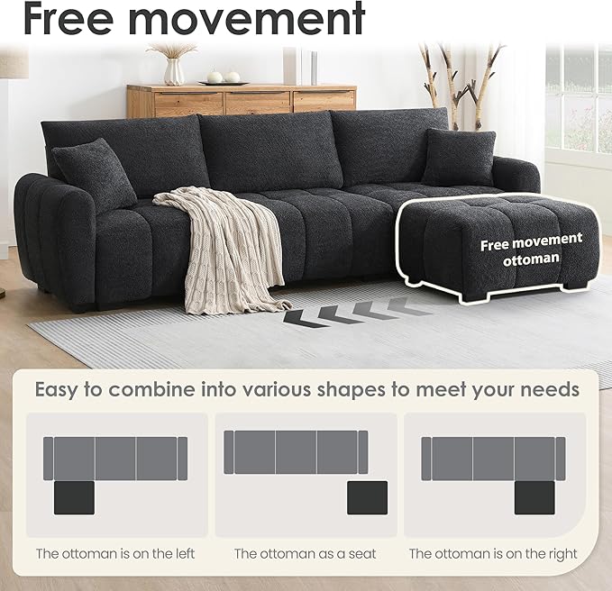110 Modular Sectional Sofa L Shape with Extra-Large Seat Pull-line Design Movable Ottoman High Density Foam Free Combination Sturdy Metal&ampWood Frame Boucle Fabric (Black)