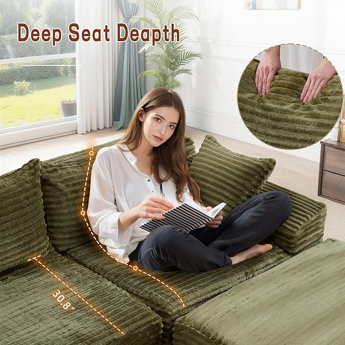 110 L-Shaped Modular Sectional Sofa with Chaise Boneless Comfy Corduroy Fluffy Couch with Deep Seat and Side Pockets Flexible Module Combination for Living Room No Assembly Side Pockets