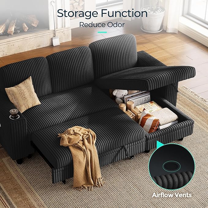 LINSY HOME Sectional Sleeper Sofa with Pull Out Couch Bed - Convertible Plush Corduroy Cloud Couch with Storage Chaise &amp USB Charging Comfy L Shaped Modular Couches for Living Room Apartment Bla