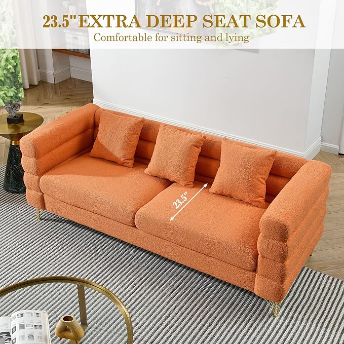 2 Pieces Cloud Sofa Set Teddy Bouclé 3 Seater Couch Sets Upholstered Tufted Modern Sofa with Gold Legs &amp Pillows Comfy Deep Seat Sherpa Couch for Living Room Bedroom Office Apartment(Orange)