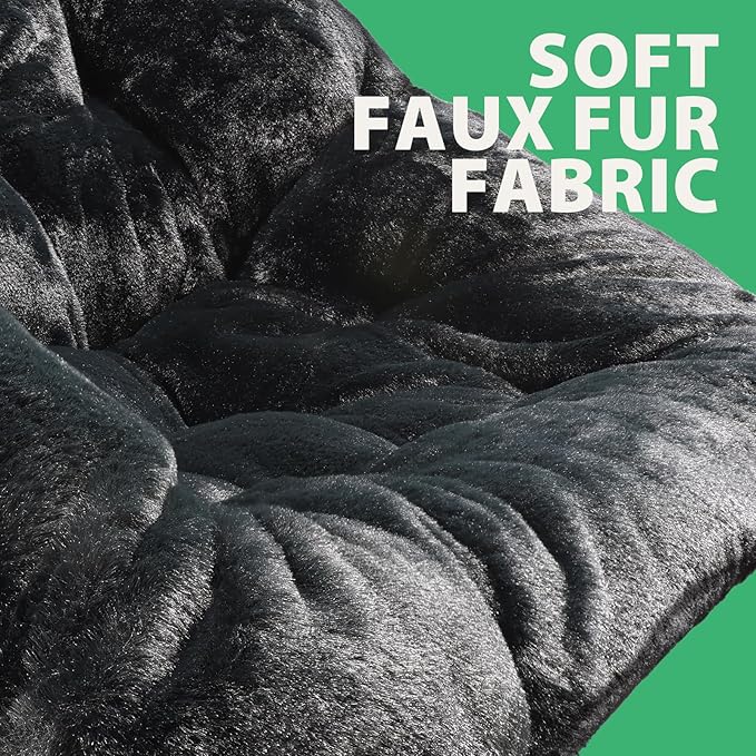 OAKHAM Comfy Chair for Adults Soft Faux Fur Folding Lounge for Bedroom Living Room Dorm Rooms Flexible Reading Chair for Teens Kids X-Large Foldable (Faux Fur-Charcoal Black)