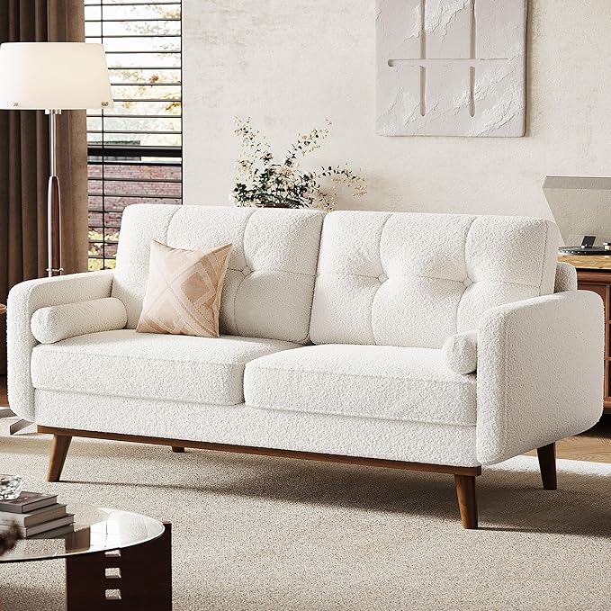 Garvee 65 Mid Century Modern Loveseat Sofa for Small Spaces 2 Seater Boucle Upholstered Couch with Button Tufted Design &amp Wood Legs Small Couch for Living Room Bedroom Office Apartment Beig