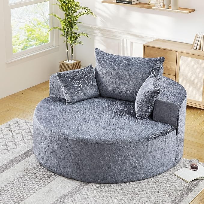 Modern Round Accent Sofa Chair for Living Room Upholstered Chenille Barrel Lounge Arm Chair with Large seat&ampThrow Pillows for Bedroom Office Apartment Grey