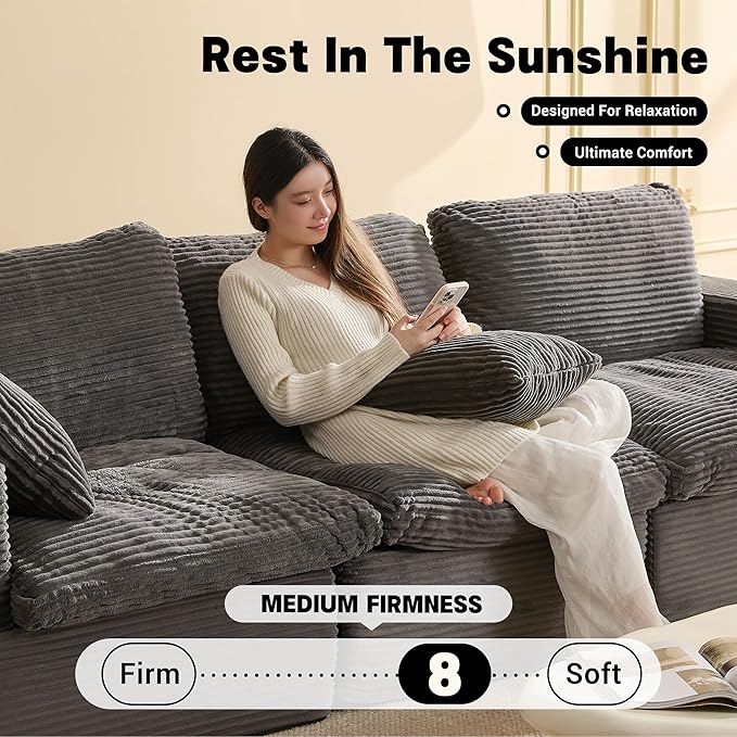 106.3” Sectional Couches for Living Room Set of Cloud Couch Modular Sectional Sofa Convertible Sofas Bed Deep Seat Sofa Corduroy Gray