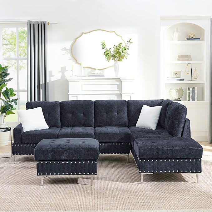 ERYE 102-Inch L-Shaped Corner Sectional Sofa Chenille Upholstered Tufted Corner Sofa Couch with Storage Ottoman and Nailhead DecorModern L-Shaped Convertible Couches