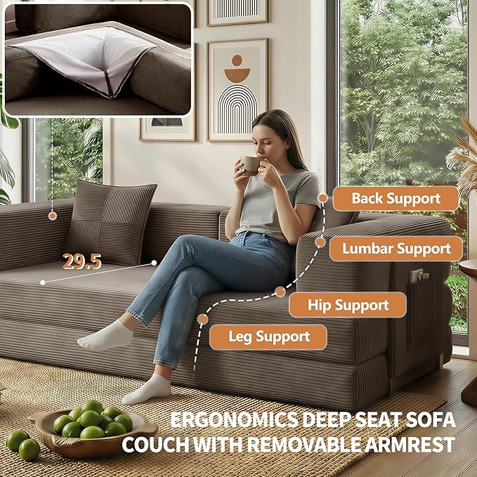 78.8 Convertible Sofa Bed with Armrest Pillow 4-in-1 Sleeper Couch Bed for Livingroom Modular Corduroy Boneless couches No Assembly (Brown)