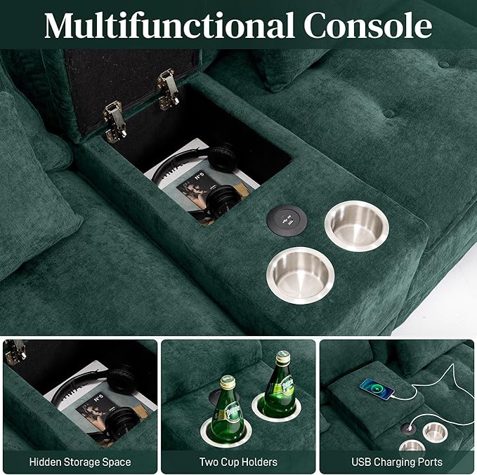 OUYESSIR 134 Oversized Green Sectional Couches for Living RoomFluffy Couch with Chaise Lounge&ampTufted Buttons U Shaped Living Room Sofa Set FurnitureChenille 6 Seater Couch with Storage Console
