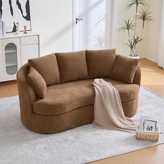 KEIKI 74” Curved Loveseat Sofa Curved Couches with 4 Removable Cushions Modern Luxury Plush Chenille Extra-Deep Seat Sofa for Small Spaces Living Rooms Bedroom Brown