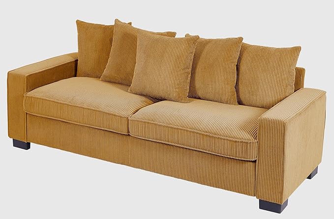 Luxe Corduroy Sofa with 5 Matching Toss Pillows Sleek Design Spacious and Comfortable 3 Seater Couch for Modern Living Room 88 Wide Ginger