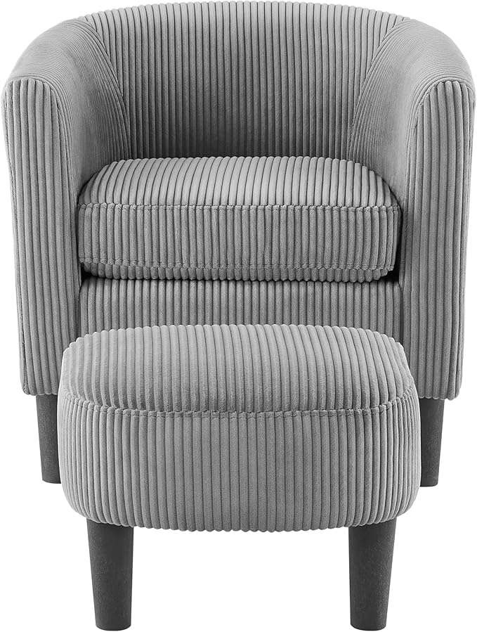 Modern Accent ChairUpholstered Arm Chair Corduroy Single Sofa Chair with Ottoman Foot Rest Comfy Armchair for Living Room Bedroom and OfficeGrey