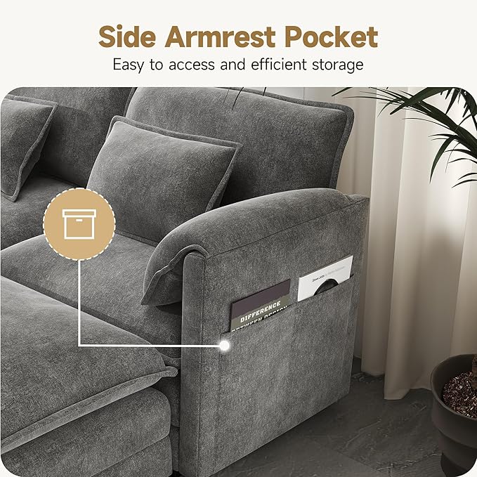 Real Relax 145'' Modular Sectional Sofa U Shaped Chenille Convertible Couch with Movable Ottoman 8 Pillows and 2 Armrest Pillows for Living Room Office and Leisure Places Dark Gray