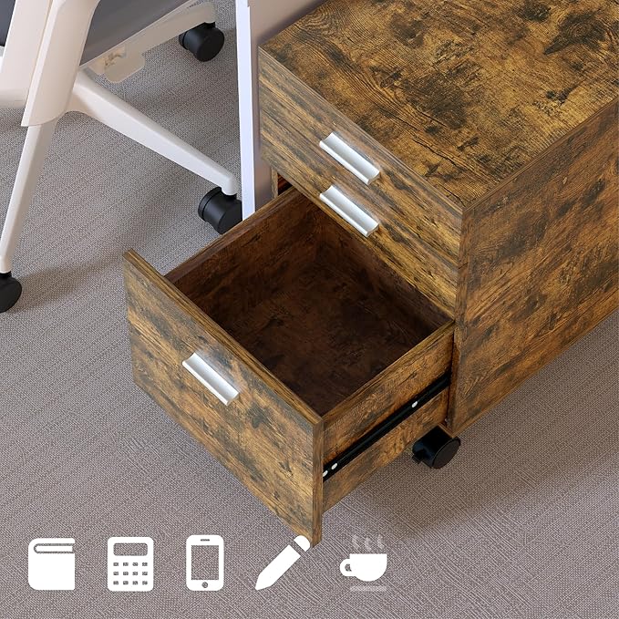 3 Drawer File Cabinet with WheelsPreassembled Rustic Brown Wood OrganizerMultifunctional for Home OfficeMobile Printer Stand Storage19 L x 16 W x 22 H
