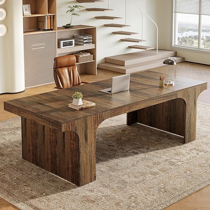 Tribesigns 70.87 Executive Office Desk Large Workspace Computer Desk Rustic Wooden Writing Table Simple Business Furniture with Arched Design for Home Office Rustic Brown