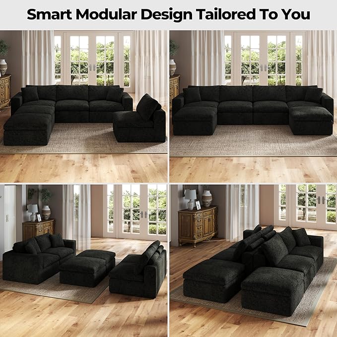 151'' 6 Seater Memory Foam Couch with Ottoman Modular Sectional Sofa for Living Room Boneless Couch Sectional with Memory Foam No Assembly Big Couch Set Black | Ergonomic Bolster
