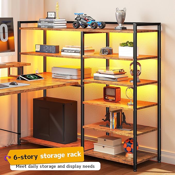 L Shaped Desk with Monitor Stand 63'' Reversible U Shaped Office Desk with 6 Tire Storage Shelves &amp 2 Fabric Drawers Gaming Desk with Power Outlet &amp LED Strip Rustic Brown