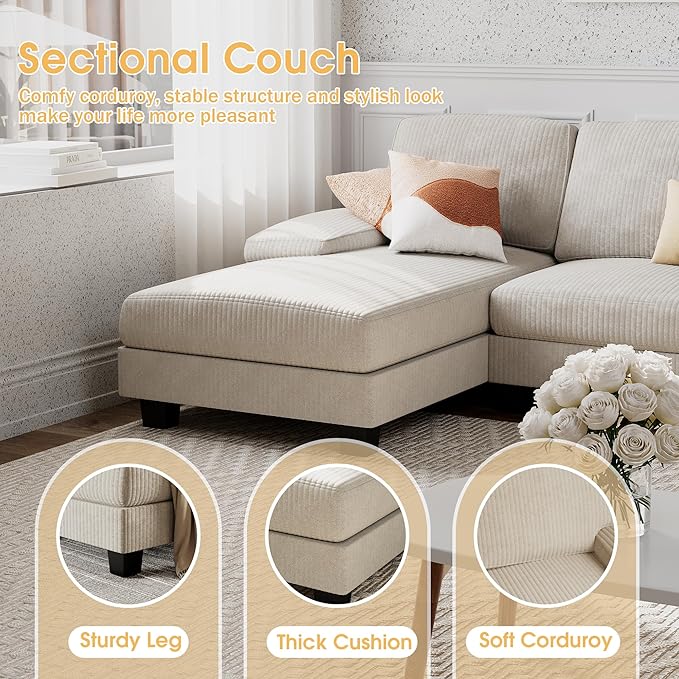 Furniwell Convertible Sectional Sofa Couch 4 Seat Sofa Set for Living Room U-Shaped Modern Fabric Modular Sofa Sleeper with Double Chaise &amp Memory Foam (Corduroy Beige)