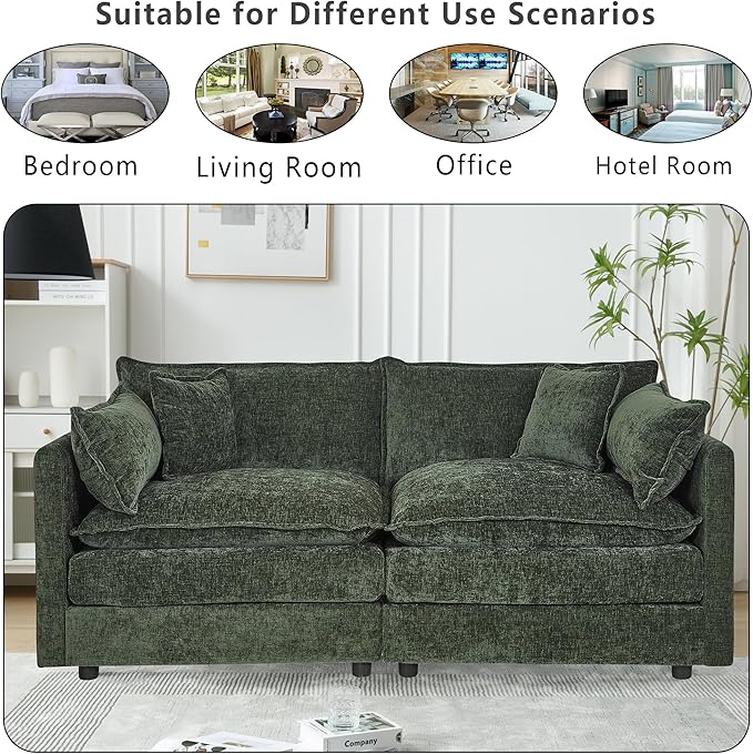 Setawix Chenille Loveseat Sofa Couch with Deep SeatLarge 2 Seater Cloud Couches for Living Room77.16 Roomy Cloud SofasModular Sectional 2 Seat Sofa with Pillows for Bedroom. (Green 2 Seater)