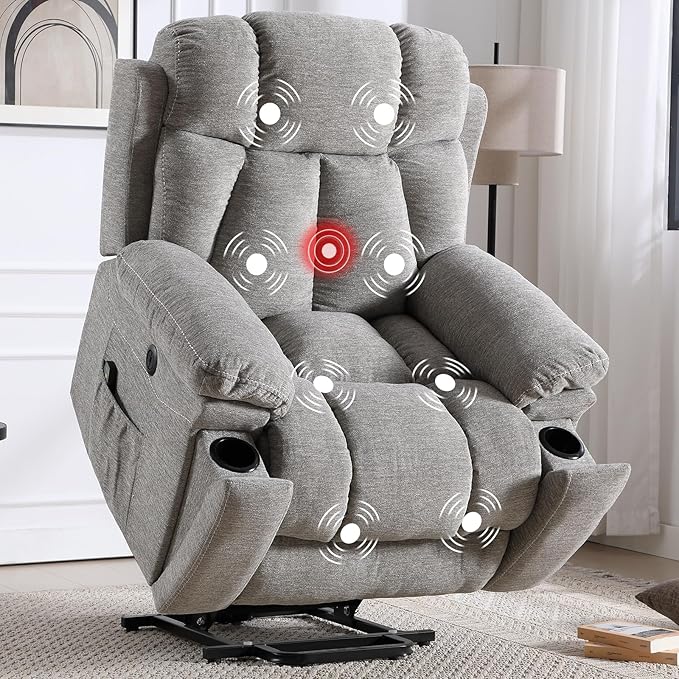 CANMOV Large Power Lift Recliner Chairs with Massage and Heat for Elderly Big People Heavy Duty Motion Reclining Mechanism-Anti Skid Fabric Recliner Chair with 2 Concealed Cup Holders Smoke Gray